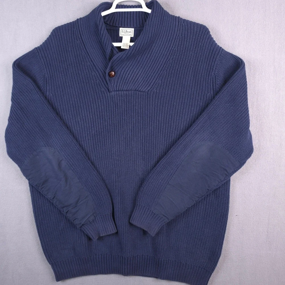 LL Bean XXL Tall Blue Cotton Shawl Neck Pullover Sweater Rib Knit Elbow Patches